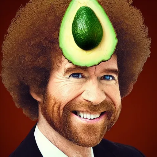 Image similar to an avocado with the head of bob ross