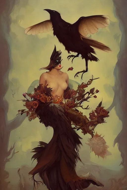 Image similar to Crow fursona by Peter Mohrbacher in the style of Gaston Bussière, Art Nouveau