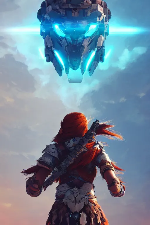 Image similar to combination suit armor aloy horizon forbidden west horizon zero dawn radiating a glowing aura global illumination ray tracing hdr fanart arstation by ian pesty and alena aenami artworks in 4 k tribal robot ninja mask helmet backpack