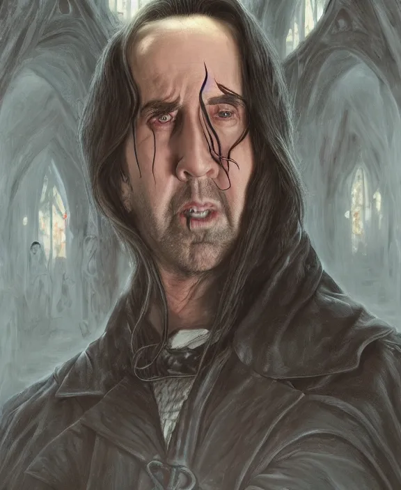 Image similar to Nicolas Cage as Dracula, highly detailed, centered, artstation, concept art, smooth, sharp focus, illustration, bokeh art by artgerm and donato giancola and Joseph Christian Leyendecker