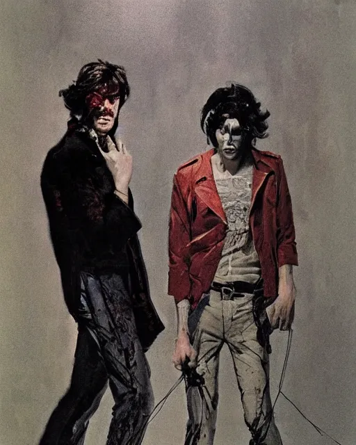 Image similar to two handsome but sinister young men in layers of fear, with haunted eyes and wild hair, 1 9 7 0 s, seventies, wallpaper, a little blood, moonlight showing injuries, delicate embellishments, painterly, offset printing technique, by coby whitmore