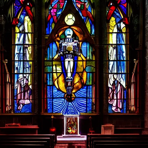 Prompt: A robot altar under the stained glass windows of a church, digital art, dark, scary, detailed, trending on Artstation, hdr, 4k, hellish, satanic, cyberpunk, sci fi