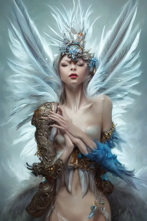 Image similar to beautiful model wearing icel white feathers, diamonds, jewelry, angel, fantasy, dramatic lighting, highly detailed, digital painting, holding electricity, magic the gathering, hyper detailed, 3 d render, hyper realistic detailed portrait, peter mohrbacher, wlop, ruan jia