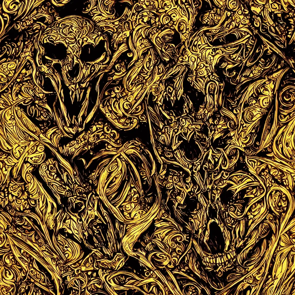 Image similar to photo of wolf skull on bones, dramatic lighting, circural, golden ornaments, symmetric, intricate skeletal decorations, symmetry, highly detailed, concept art, black, glimpse of red, white, gold layers, centered, style of nekroxiii, hyperrealistic, black background, smoke