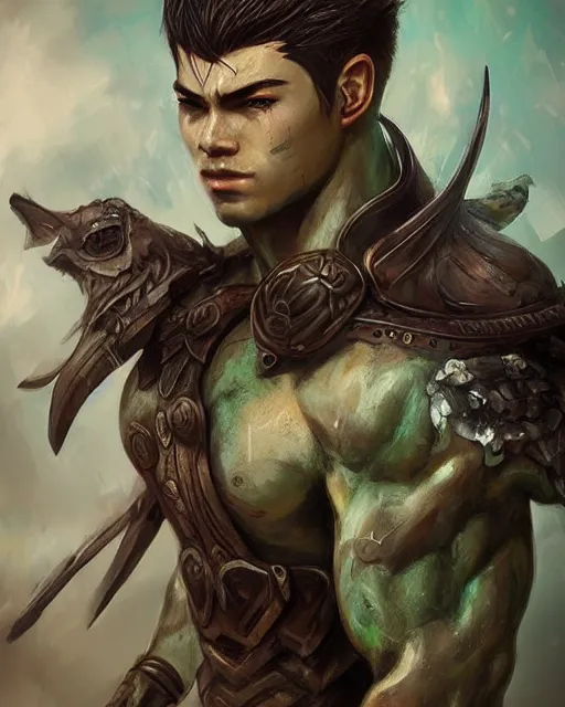 Image similar to portrait of a male warrior, fierce, masculine, ross tran, muted colors, green - eyes!!!!!!!!!!!!!!, highly detailed sculpture, intricate detailed, ommatidia, 8 k, cinematic atmosphere