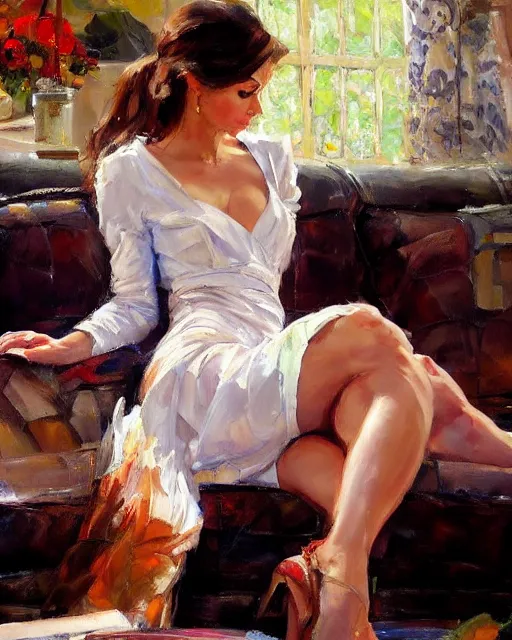 Prompt: a painting of a woman sitting on a couch, a fine art painting by michael garmash and richard s. johnson, deviantart, figurative art, detailed painting, oil on canvas, fine art