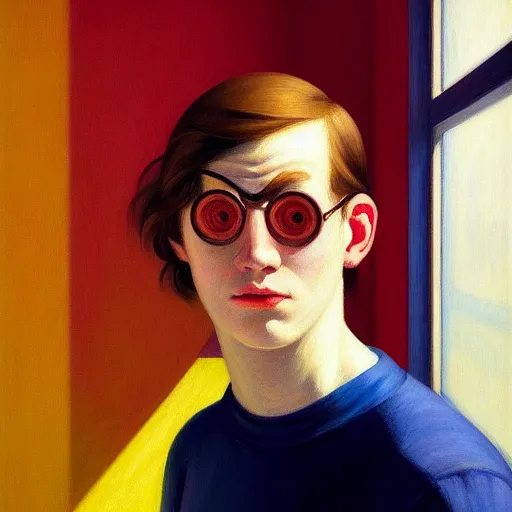 Prompt: A beautiful close-up of a young blind man, digital art by Edward Hopper, vibrant color scheme, highly detailed, in the style of romanticism, fine Art, high detail, great lighting, 8k resolution, masterpiece, concept art, illustration, clear eyes, soft lighting, soft details, painting oil on canvas, octane render, HDR, trending on artstation, 4k, 8k, HD