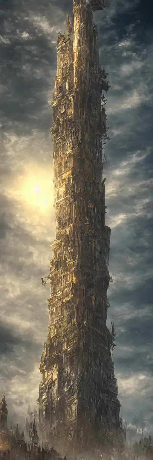 Prompt: epic tower reaching into the sky, warrior silhuette in front, extremely detailed, photo realistic, award winning, matte painting, art station, cg society, award winning, 4 k