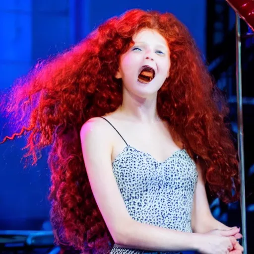 Prompt: a beautiful girl with long curly red hair on a singing on broadway stage