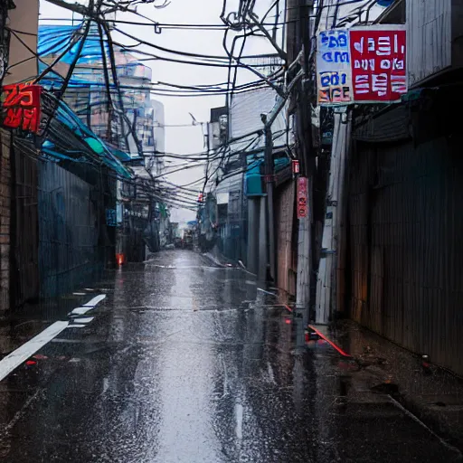 Image similar to rain - soaked alley with messy overhead cables in yongsan district, seoul, south korea.