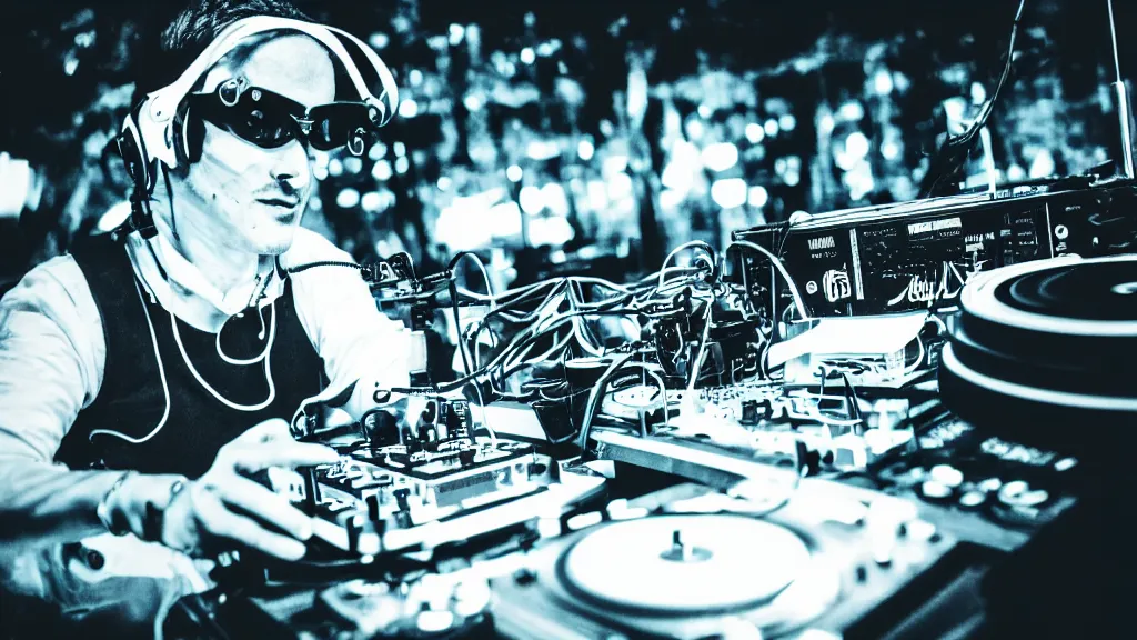 Image similar to a person wearing goggles and visor and headphones using a retro clockwork record player contraption, wires and tubes, turntablism dj scratching, intricate planetary gears, cinematic, imax, sharp focus, leds, bokeh, iridescent, black light, fog machine, hazy, lasers, hyper color digital art
