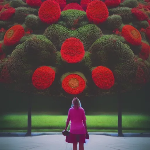 Image similar to giant flower head, woman walking, surreal photography, cinematic, symmetry, flat space, fanciful, bright, detailed, wes anderson