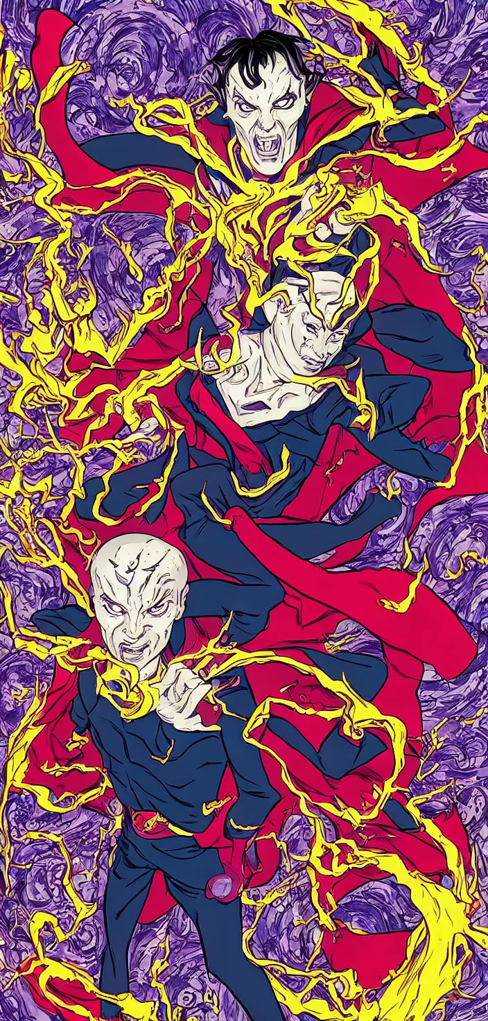 Image similar to Dr strange as an evil anime character in the style of Junji Ito, bright colourful pop art