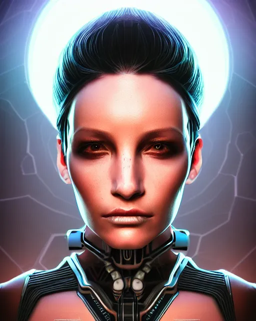 Image similar to portrait of a feminine symmetric beautiful sci - fi cyberpunk female cyborg, desert oasis background, ultra realistic, highly detailed, hd, sharp focus, cinematic lighting, realistic, photorealistic, vivid colors, painting, photograph, digital art, non blurry, sharp, artstation, concept art, smooth, illustration