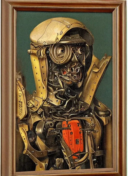 Prompt: cybernetic exoskeleton cyborg farmer by Jan van Eyck