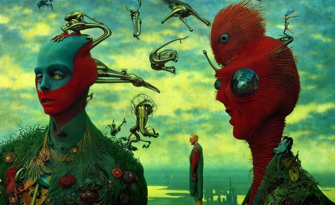 Image similar to realistic detailed portrait movie shot of a birdman wearing green leather coat, sci fi city landscape background by denis villeneuve, amano, yves tanguy, alphonse mucha, ernst haeckel, max ernst, roger dean, masterpiece, rich moody colours, blue eyes, occult