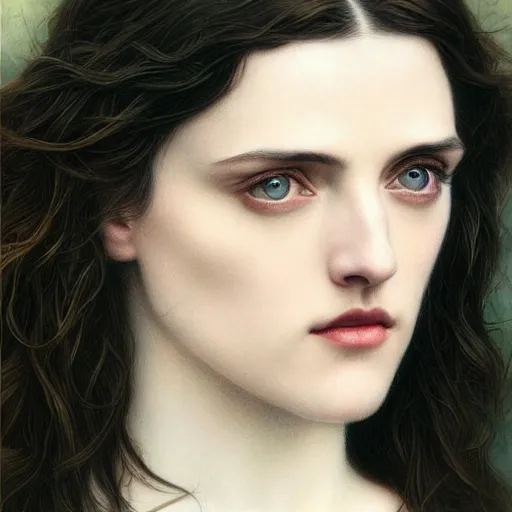 Image similar to beautiful striking Pre-Raphaelite Katie McGrath by Artgerm and Greg Rutkowski, intricate, elegant, highly detailed, digital painting, pale, perfect eyes, symmetrical face