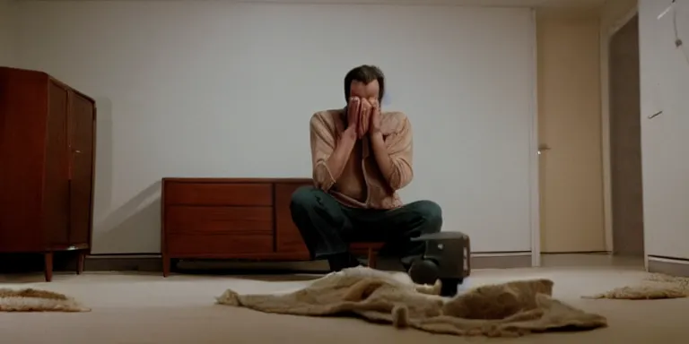 Image similar to photorealistic Cinematography of a man crying on the floor at night in a mid century modern apartment shot on film at magic hour in a room filled with volumetric haze by the shining Cinematographer john alcott on a cooke panchro 18mm lens .