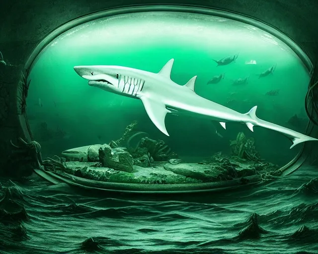 Image similar to 5 5 mm photo of a large translucent backlit green grave with a shark swimming inside. magical atmosphere. art by greg rutkowski. highly detailed 8 k. intricate. lifelike. soft light. nikon d 8 5 0.