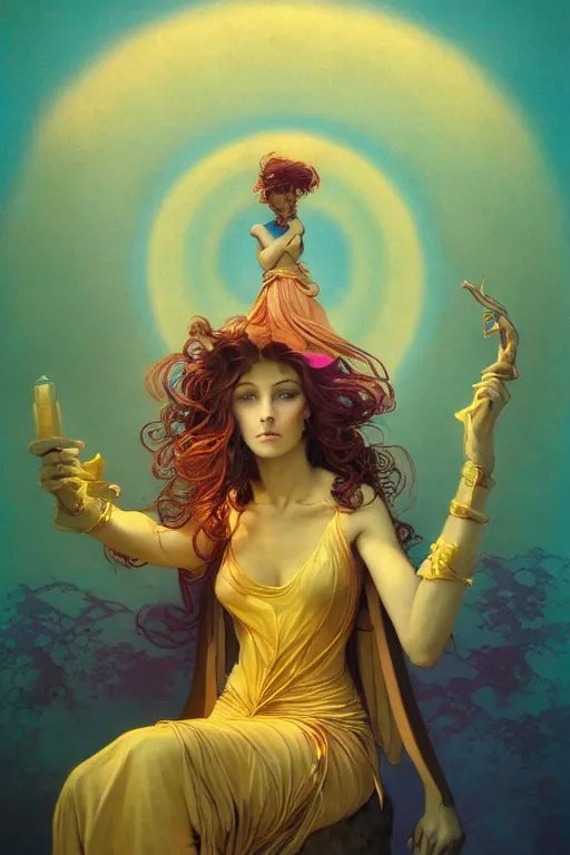 Image similar to portrait of a beautiful sorceress, vivid color, complementary color, golden ratio, detailed, sharp lines, sharp focus, intricate, rainbowshift, by maxfield parrish, by peter mohrbacher, by gustave dore, by artgerm, by alphonse mucha, deviantart, octane render