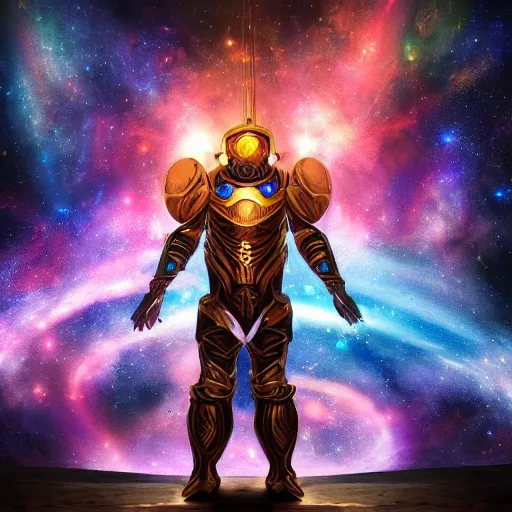 Image similar to photorealistic fantasy cosmic concept art of a cosmic god with armor made out of planets and dark matter, hovering in a unknown galaxy, fully body portrait, cinematic, dynamic lighting, ultra detailed, creative, trending on art station, creative