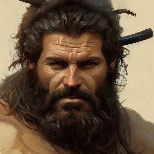 Image similar to portrait of a rugged male barbarian, D&D, fantasy, intricate, elegant, highly detailed, digital painting, artstation, concept art, smooth, sharp focus, illustration, art by artgerm and greg rutkowski and alphonse mucha