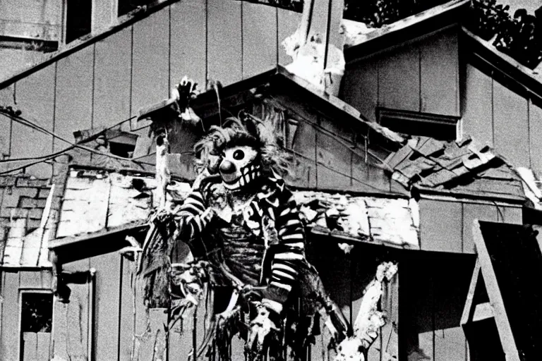 Image similar to A terrible clown chainsaw falls from the roof of a wooden house, 1960, black and white photography