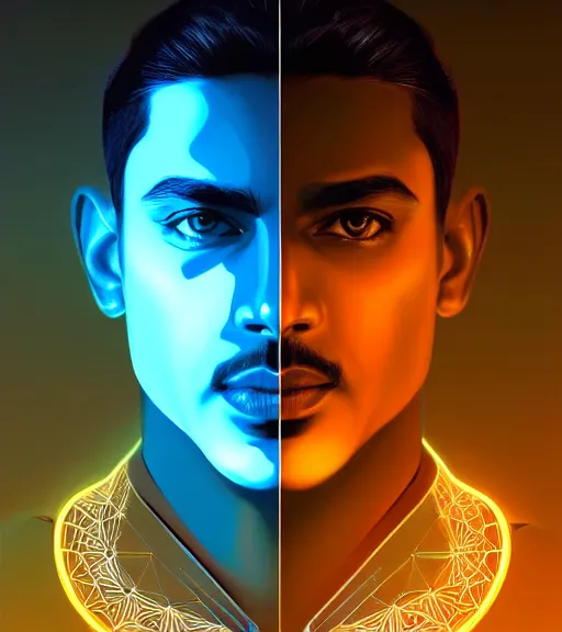 Image similar to symmetry!! indian prince of technology, solid cube of light, hard edges, product render retro - futuristic poster scifi, lasers and neon circuits, brown skin handsome indian prince, intricate, elegant, highly detailed, digital painting, artstation, concept art, smooth, sharp focus, illustration, dreamlike, art by artgerm