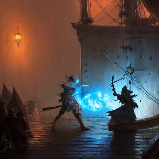 Image similar to D&D fantasy combat fighting blue ghosts on a ship lower deck, intricate, elegant, highly detailed, D&D, digital painting, artstation, concept art, matte painting, sharp focus, illustration, glowing light and shadow, atmospheric, shadowy, cinematic, in the style of Greg Rutkowski and artemisia gentileschi and Alphonse Mucha