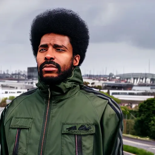 Prompt: photograph of a black man with afro hair and stubble wearing an adidas army green jacket ( ( ( the size of a tower ) ) ), looming over dublin