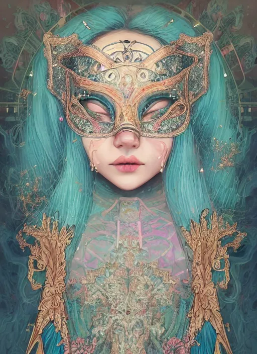 Prompt: “ an adorable woman wear beautifull intricate mask, lolitadress, pastel color, iridescent, highly detailed, tarot card featured on artstation, cgsociety, artgerm, clear symmetrical face, by moebius, kelly mckernan, skeeva and tom bagshaw, 8 k, intricate details, fantasy, character design, concept art ”