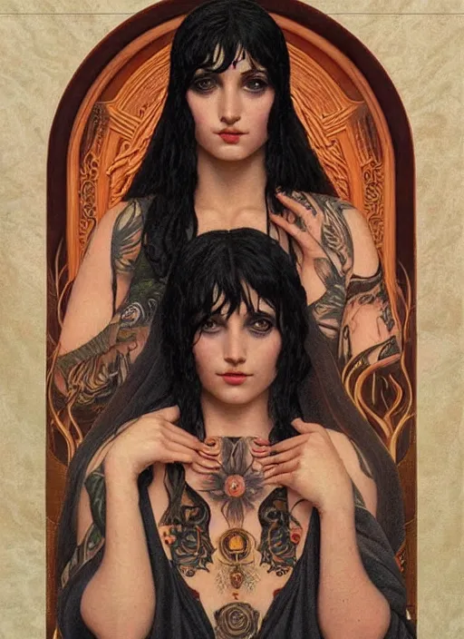 Image similar to beautiful enlightened cult magic psychic woman with tattoos, tattooed skin, oil painting, robe, symmetrical face, greek dark ritual myth, by john william godward and anna dittman, masterpiece