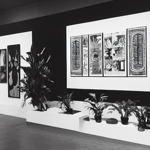 Image similar to A black and white photography printed in offset lithography of an exhibition space with works of Sun Ra, Marcel Duchamp and tropical plants, 60s, Modern Art