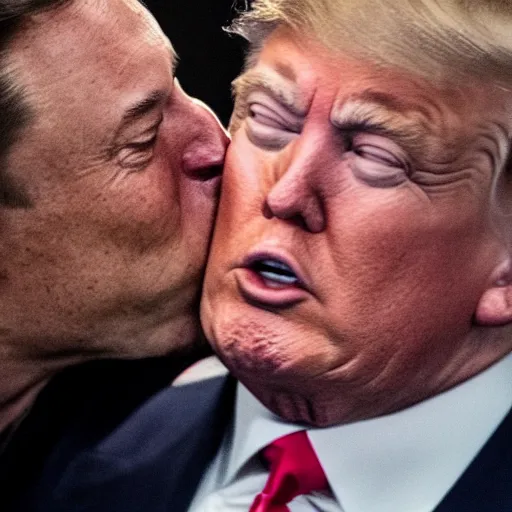 Prompt: close up of Donald Trump kissing Elon musk, 8k photo, in a studio,