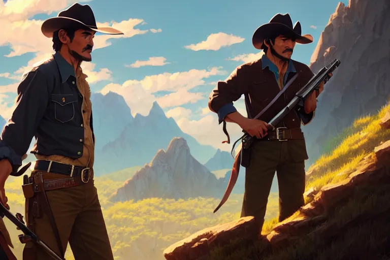 Image similar to old pedro pascal as a cowboy with a beautiful rifle, single subject, mountaineous background, scenic full shot, ambient lighting, detailed face, by makoto shinkai, stanley artgerm lau, wlop, rossdraws