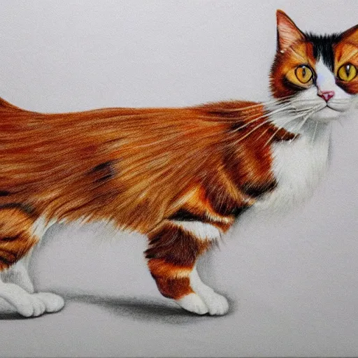 Image similar to a calico cat walking on two legs drawing
