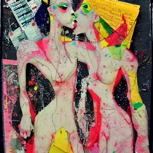 Image similar to two women kissing at a carnival in your nightmares, mixed media collage, retro, paper collage, magazine collage, acrylic paint splatters, bauhaus, claymation, layered paper art, sapphic visual poetry expressing the utmost of desires by jackson pollock