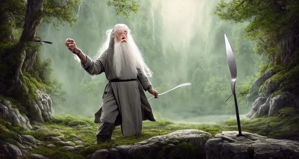 Image similar to A beautiful hyper realistic ultra detailed lifelike matte painting of Gandalf the grey throwing a magic gigantic fork spell towards beehive in forest, unreal engine, deviantart, flickr, artstation, octane render, textured, colorful, extreme realistic detail, physically based rendering, pbr render, very detailed, volumetric lighting, detailed lighting, octane render, 4k, cinematic lighting, 8k resolution