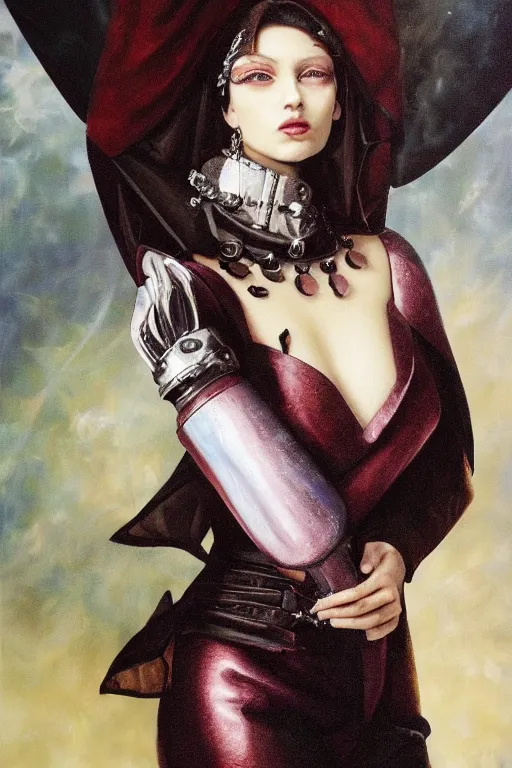 Image similar to hyperrealism oil painting, close - up portrait of european medieval brunette vampire fashion model, knight, steel gradient mixed with nebula sky, in style of baroque