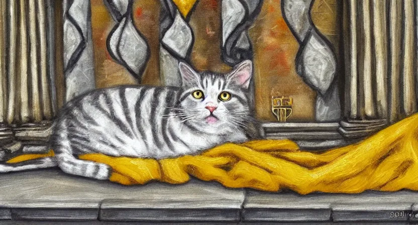 Image similar to oil painting extreme wide shot of a white and grey tabby cat wearing a black yellow striped hufflepuff scarf, in the Gloucester Cathedral cloisters, digital painting, high detail, award-winning, playful