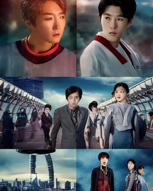 Image similar to remake of logan's run starring a cast of teenaged korean actors and actresses dressed in futuristic traditional korean clothes, futuristic, dome city, robots, monorails, sandman police, renewal