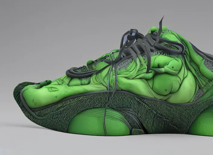 Image similar to sneakers of hulk by tim burton view from the side render cinema 4 d octane render