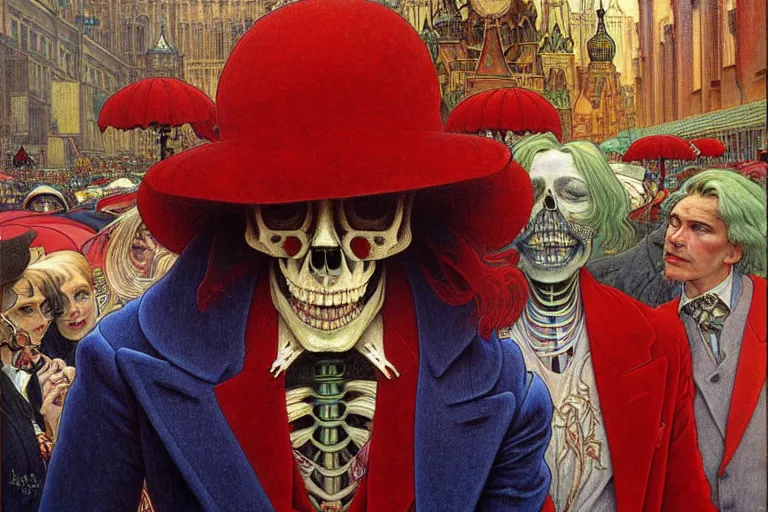 Image similar to realistic detailed closeup portrait painting of a single skeleton wearing red velvet blazer in a crowded futuristic moscow street by Jean Delville, Amano, Yves Tanguy, Alphonse Mucha, Ernst Haeckel, Edward Robert Hughes, Roger Dean, rich moody colours, blue eyes