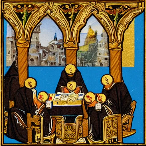 Prompt: mt. athos monks playing a card game at a table, tcg trading card game depicting gold-leafed illuminated medieval manuscript imagery