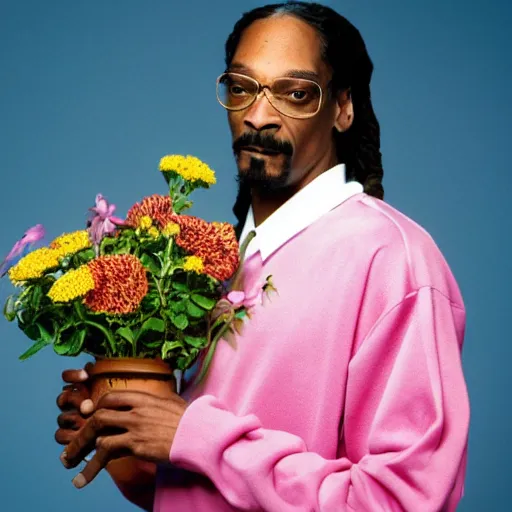 Image similar to Snoop Dogg holding a Vase of flowers for a 1990s sitcom tv show, cinematic lighting, Studio Photograph, portrait, C 12.0