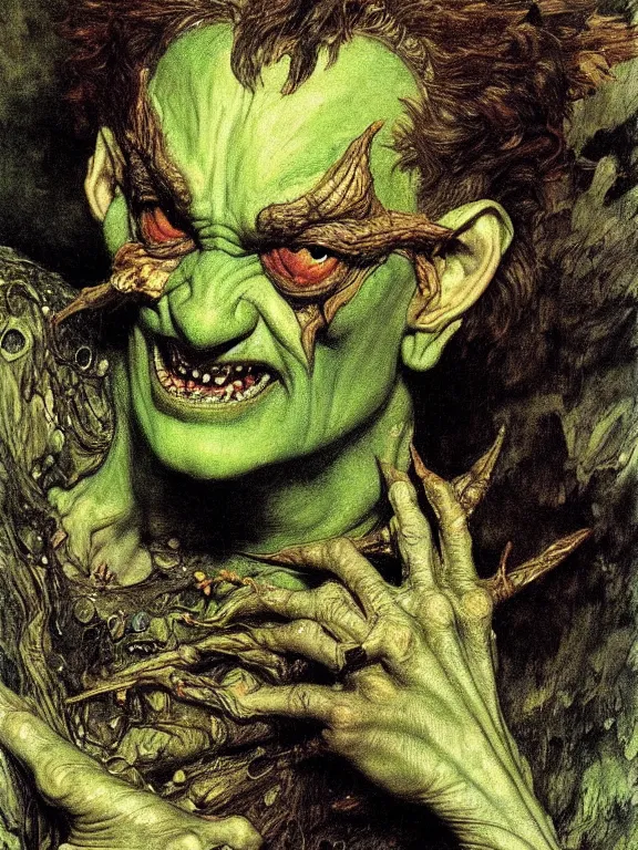 Prompt: Green-skinned goblin with fangs. Extremely high detail, details, realistic, masterpiece, colorful. Portrait painting by Arthur Rackham, Eugene de Blaas, Frederic Leighton