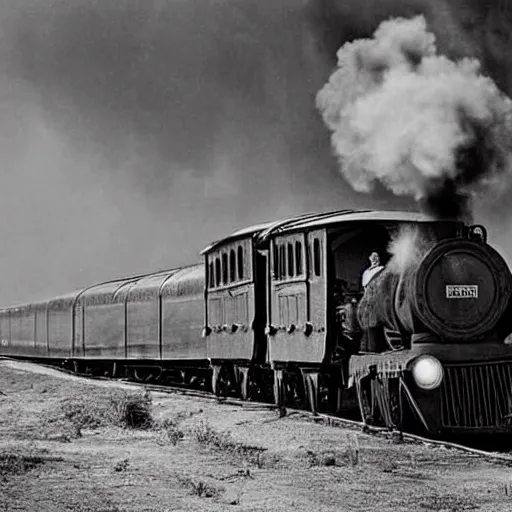 Prompt: old historic photograph of an red ferrari jumping over a steam train in the wild west, 1 7 8 5, dusty, gold rush, western, action photography, epic lighting, style of michael bay