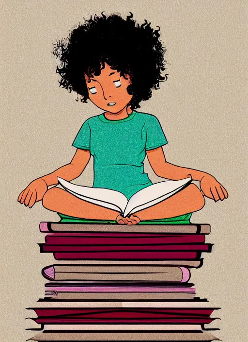 Image similar to a little girl with curly brown hair sits cross legged on top of a tall pile of books. she is reading. clean pretty cartoon painting, cel shaded, minimal outlines, beautiful detailed face.