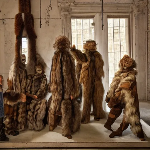 Image similar to group of five objects each with multiple limbs and long fur coats, they create a court yard of a small house