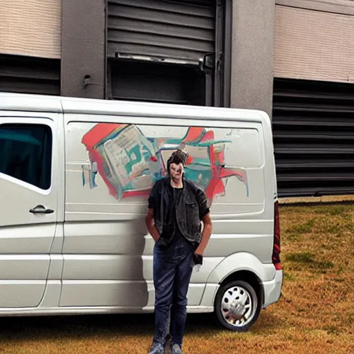 Prompt: a frowning creative director in front of a sprinter van, illustration by jordan grimmer and greg rutkowski